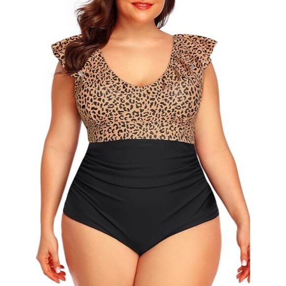 Daci Plus Size 20W One-Piece Swimsuit Leopard Print Flounce Retro Style - Picture 1 of 10